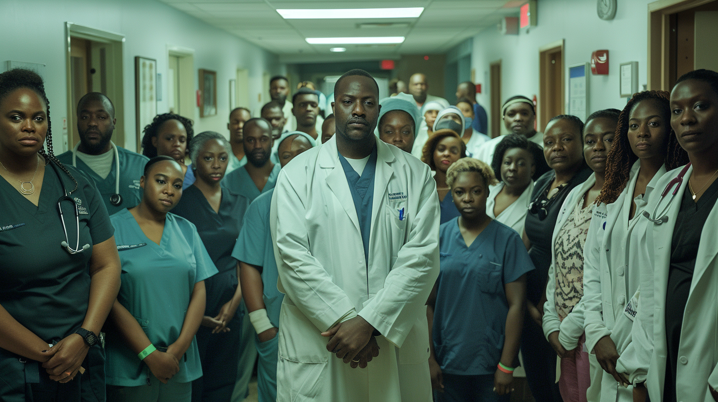 A diverse group of Title X clinicians and clinic staff standing together in a hospital corridor — the workforce that delivers reproductive care to four million low-income patients each year.