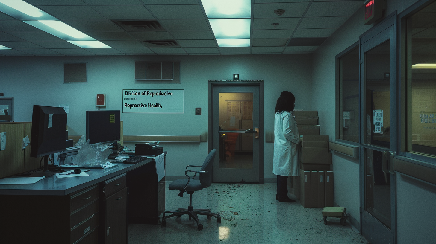 A dimly lit federal government office with the 'Division of Reproductive Health' sign on the wall, packing boxes on the floor, and a single clinician in a white coat standing in the doorway.