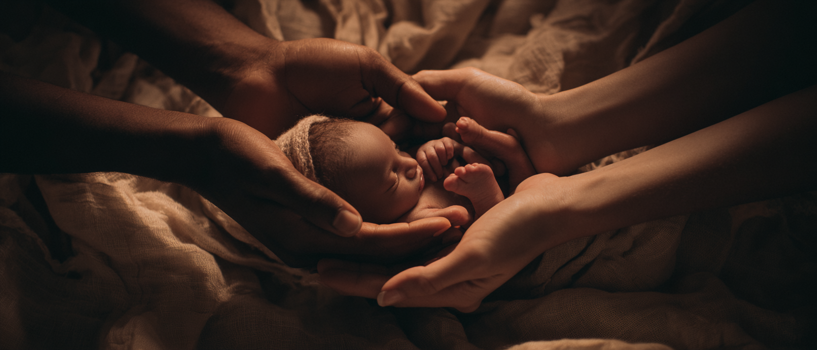 Three hands of different skin tones cradling a newborn against warm copper-toned linen — the postpartum moment when the decision is already behind her.