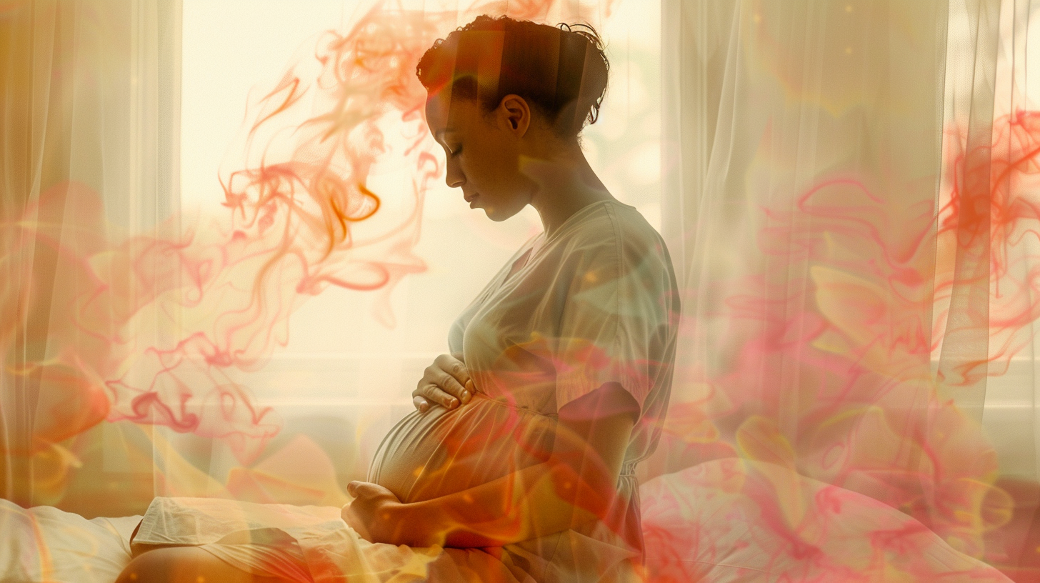A pregnant woman in a soft hospital gown sitting quietly, hands resting — the moment when the decision is made, weeks before the post-op conversation that confirms it.