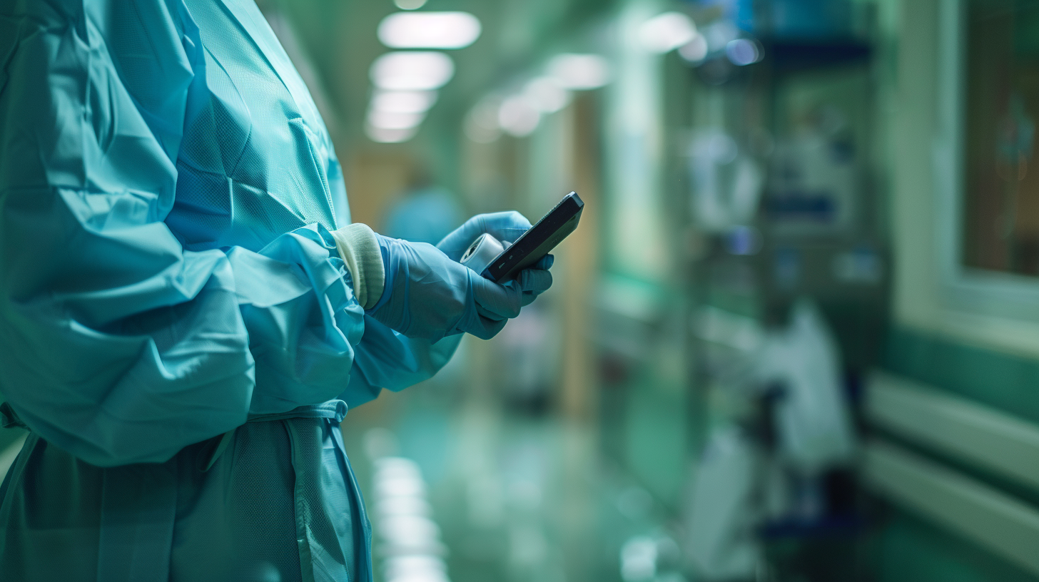 A surgeon's hands holding a small handheld dictation recorder — the clinical documentation moment, where the patient's reasoning is written into the chart in language that makes the system-level context visible.