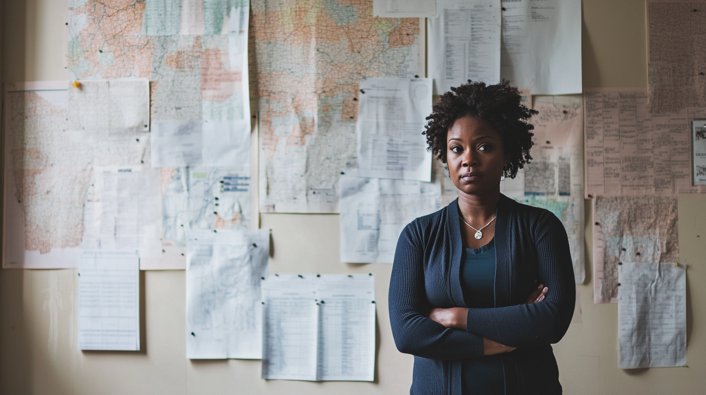 A darkened CDC-style data office with rows of unattended monitors and stacks of maternal health surveillance reports — the infrastructure of evidence, quietly emptied.