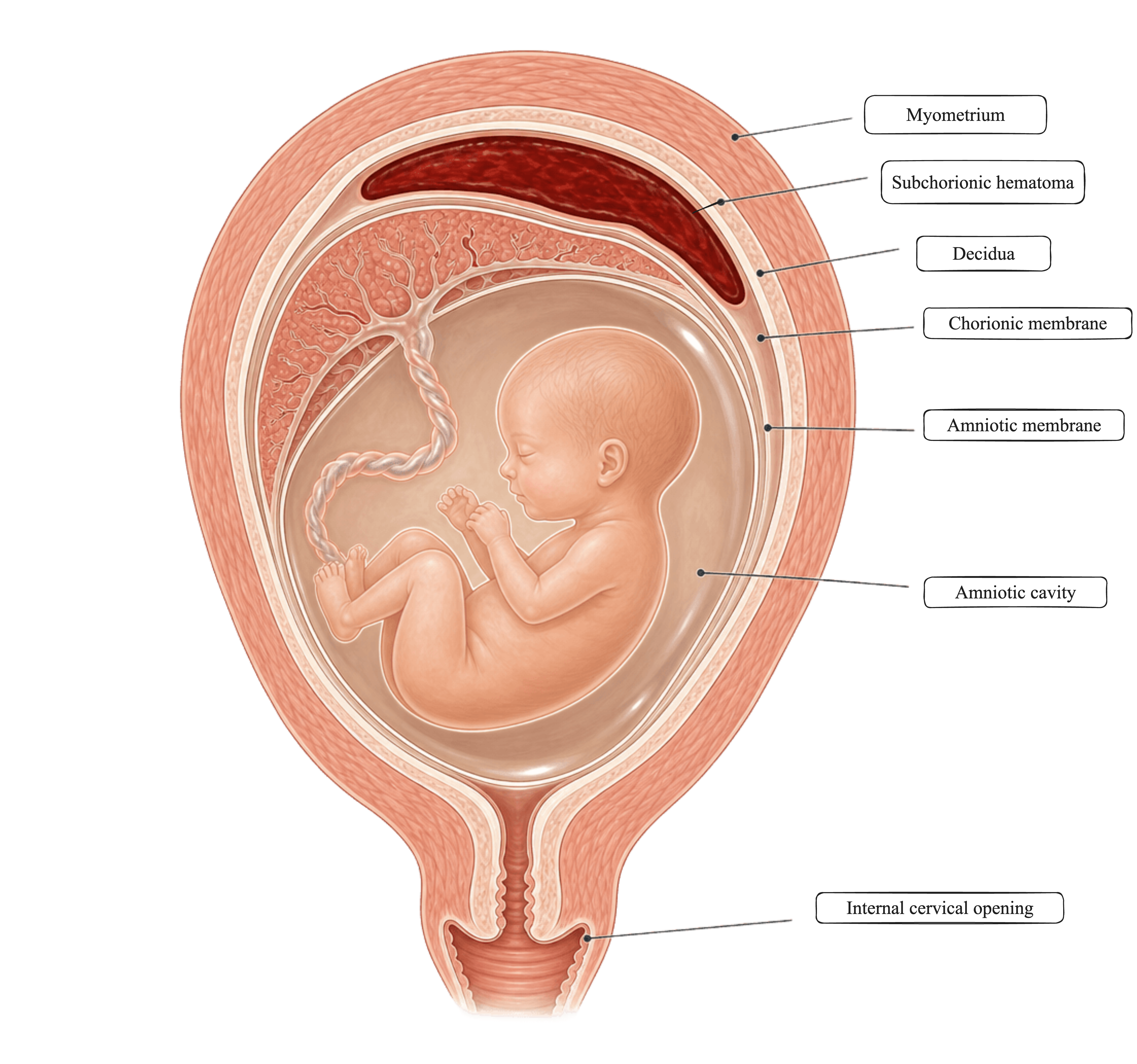 Anatomical cross-section of a sixteen-week pregnancy in the uterus. A dark crescent-shaped subchorionic hematoma is visible at the top of the gestational sac, sitting between the chorionic membrane and the uterine wall. The fetus, placenta, and umbilical cord are visible inside the amniotic cavity. Labels identify the myometrium, decidua, chorionic membrane, amniotic membrane, amniotic cavity, and internal cervical opening.