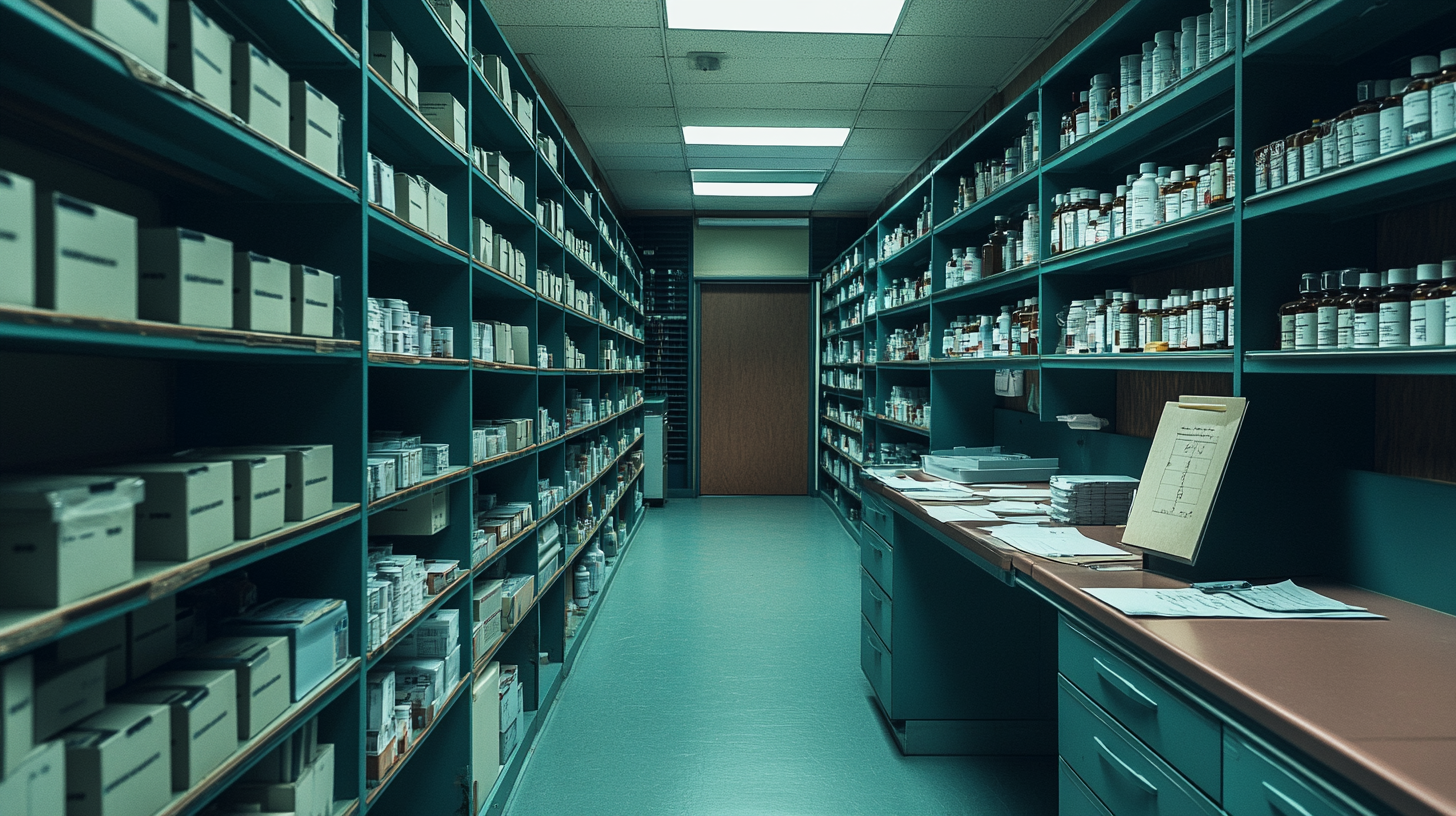 A hospital pharmacy stockroom with rows of mostly-empty shelves — labeled bins where vials and ampules should be, visible gaps across entire shelves. The systemic emptiness behind the L&D code cart.