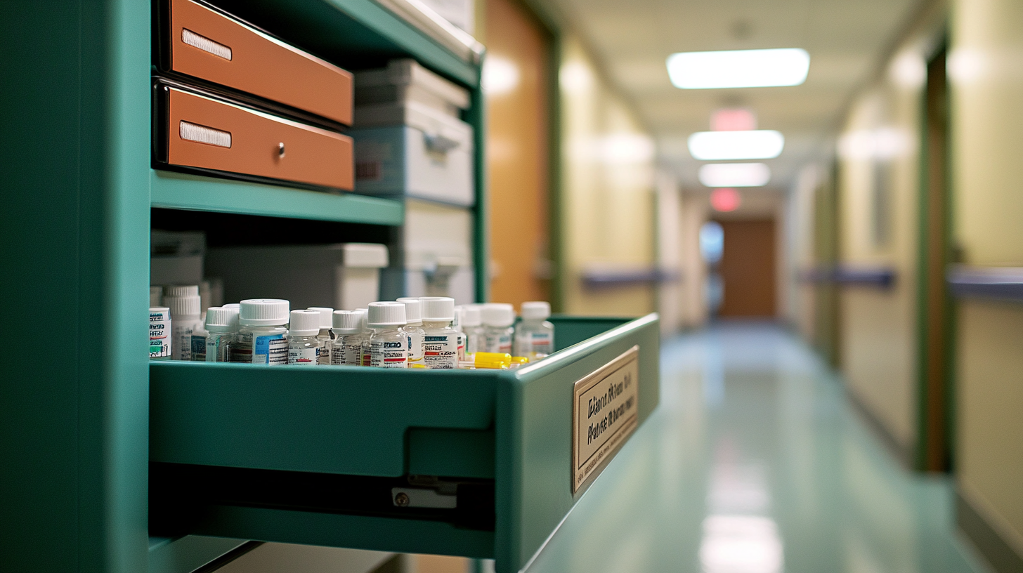 An L&D code cart with empty shelves and missing vials, dim hospital corridor lighting — the foundational premise of safe childbirth, quietly dismantled.