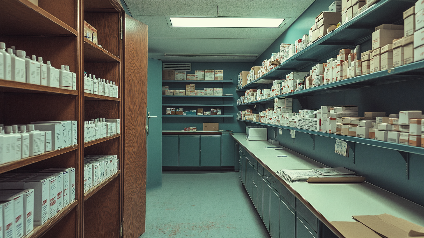 A triage room at the end of a long American hospital corridor — fluorescent light catching an empty stainless steel cart where the magnesium sulfate vial should be. The drug that was meant to be reachable anywhere, not in the building.