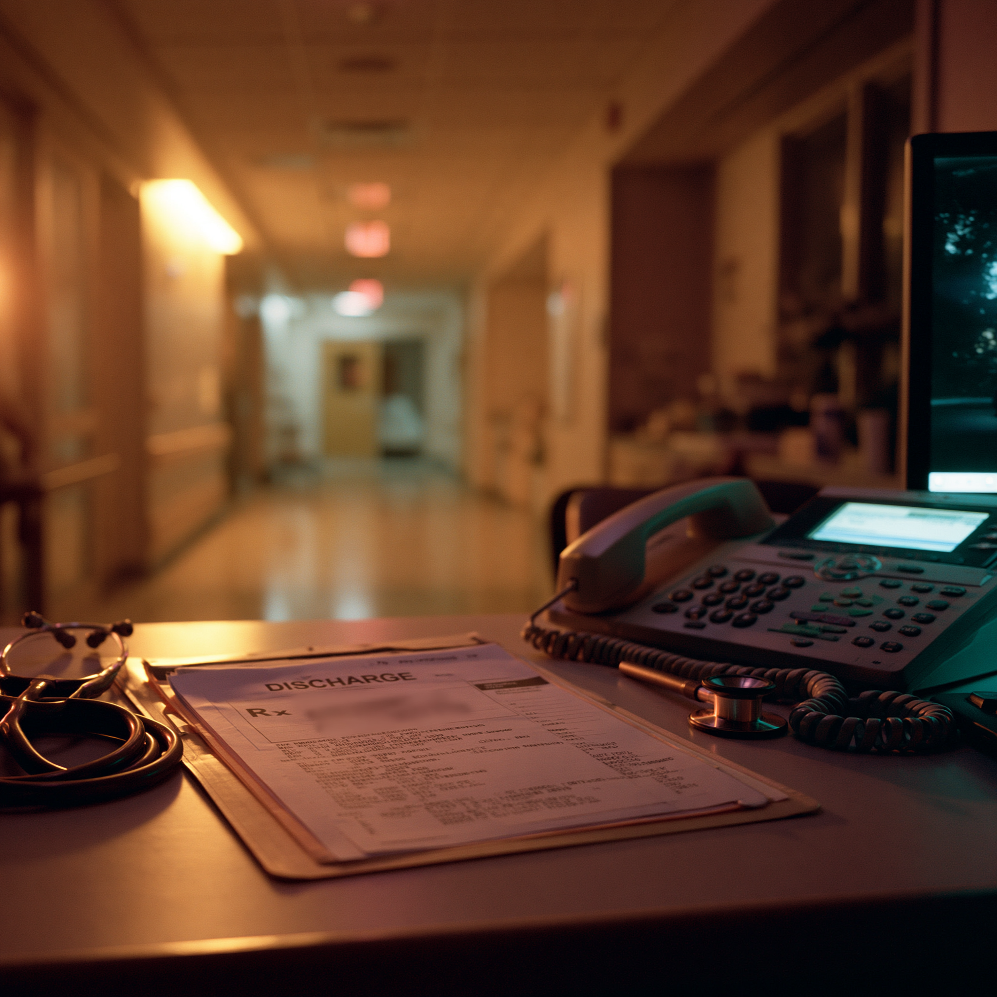 A nursing-station workstation at the end of the day — discharge folder open with a printed prescription on top, stethoscope coiled, a hospital phone receiver lifted off its cradle mid-call. The workaround that exists because the system stopped doing the thing it was built to do.