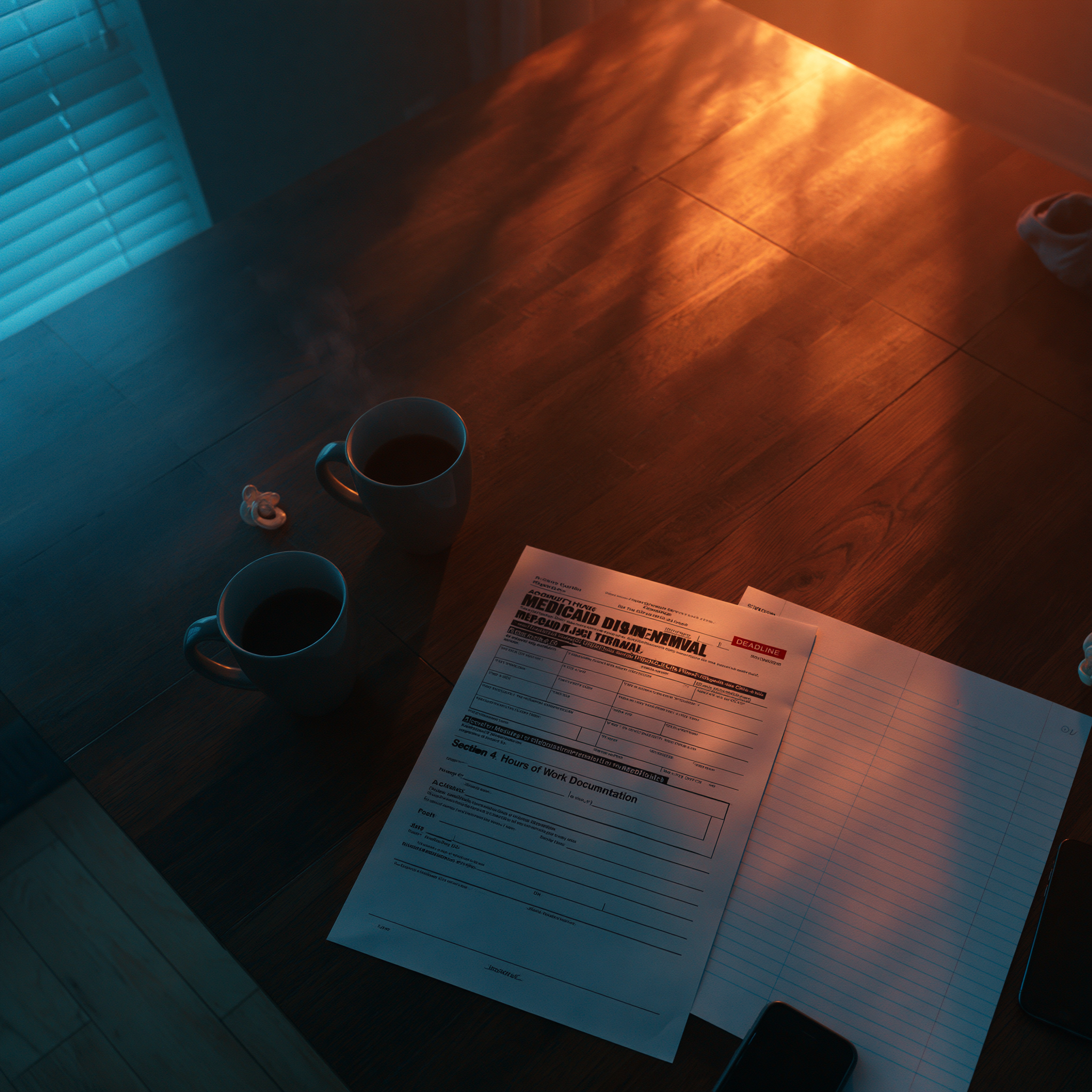 A kitchen table in late afternoon: a partially-filled Medicaid renewal form with a Section 4 'Hours of Work Documentation' header partially visible, a coffee mug gone cold, a baby's pacifier off to the side. The form sits at the boundary between afternoon light and cool shadow. The mechanism of disenrollment is not a denial. It is a deadline that fell off the list.
