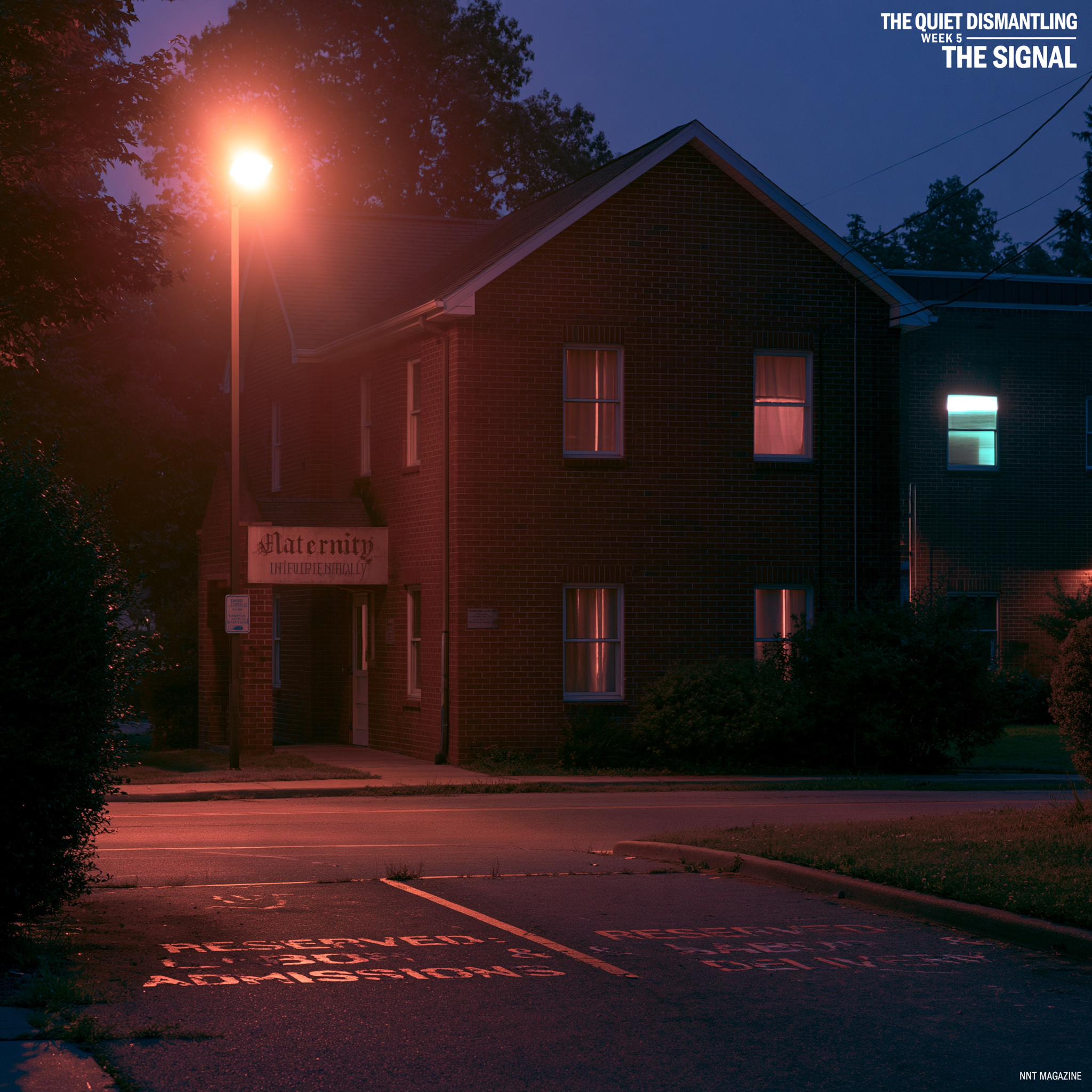 The exterior of a closed rural hospital labor-and-delivery wing at dusk. The lights inside the L&D wing are off; one or two are still on in the main hospital building behind it. A single empty parking spot in the foreground. The building is intact. The function has stopped.