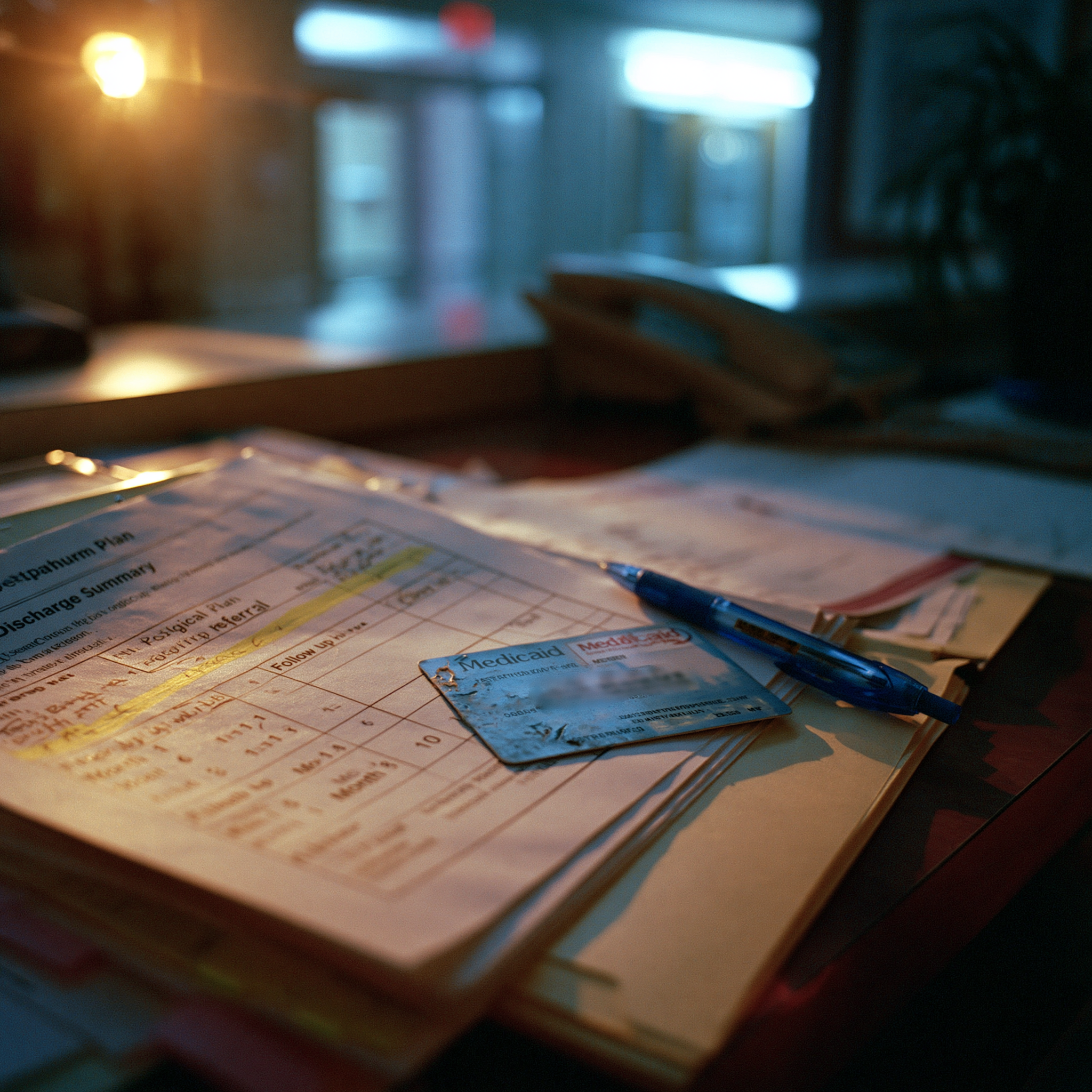 A hospital discharge folder open on a nursing-station counter, late afternoon. On top of the folder: a printed postpartum plan with the surgical referral highlighted in yellow, and lying across it, a worn Medicaid insurance card. The clinical plan is excellent. The coverage that makes it executable is the question.