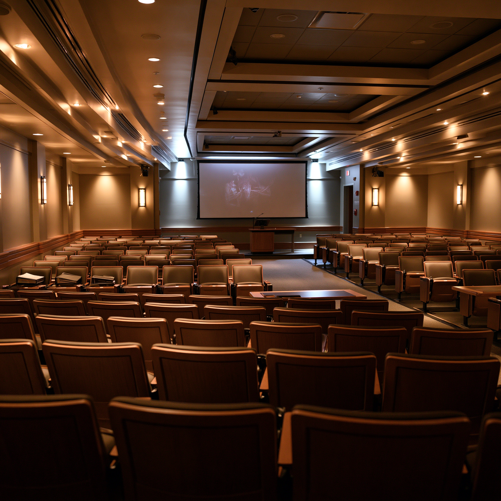 An empty residency-program orientation room — a lecture-style classroom with name placards on the seats. Several seats are conspicuously empty, placards face-down or removed. The gap between an institution's expectation and the empty chair where a future physician was supposed to sit.
