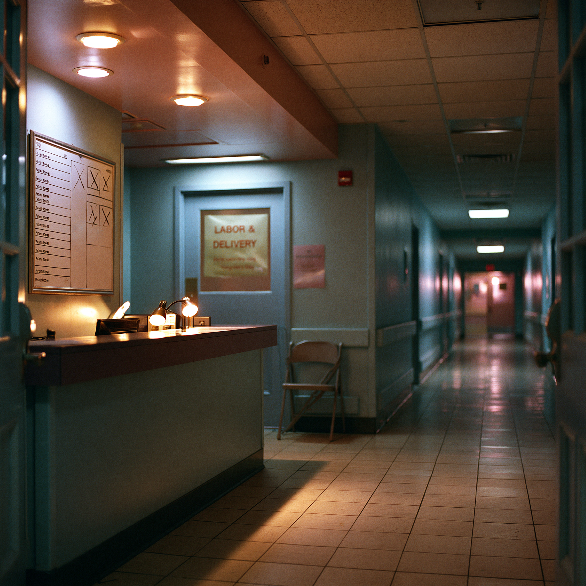 An empty OB/GYN clinic exam room at dusk. Standard equipment intact — paper-draped table, blood-pressure cuff, ultrasound probe holder — but the room is unoccupied and the lights are off except the hallway. The OB exists. The OB is gone.